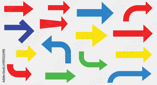 A collection of various colored arrows in different directions on a light grey background