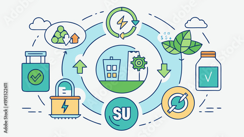 Sustainability concept with factory, energy, recycling, and eco friendly icons in circular flow design showing green technology and environmental care