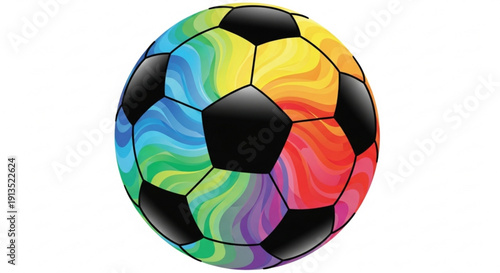 Vibrant rainbow soccer ball with swirling colors on white background