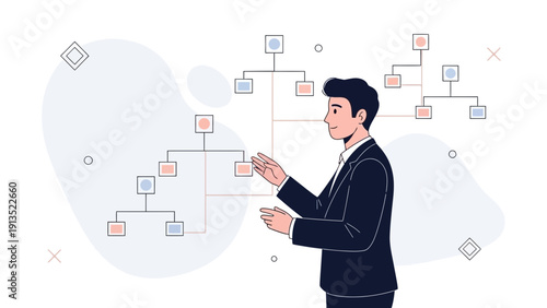 Businessman interacting with organizational chart, business strategy and management concept