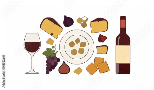Wine and cheese vector collection in flat doodle style with grapes figs and crackers isolated on white background