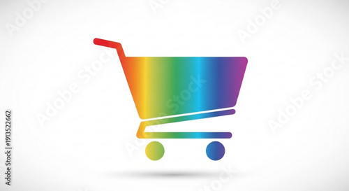 Vibrant rainbow shopping cart icon with multicolor wheels on white background for e commerce and retail concepts
