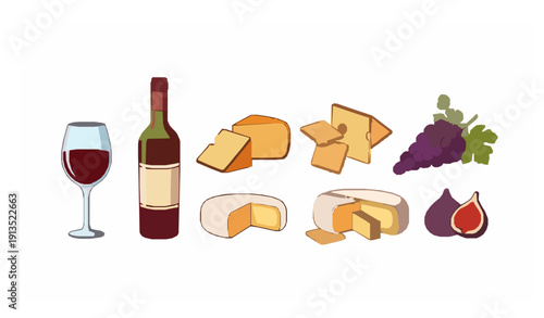 Wine and cheese day vector set with red wine bottle cheese wedges grapes and crackers isolated on white background
