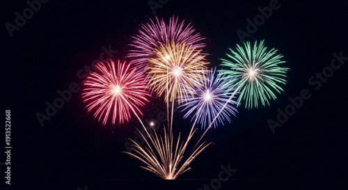 Vibrant fireworks exploding in the night sky with colorful bursts of light and energy