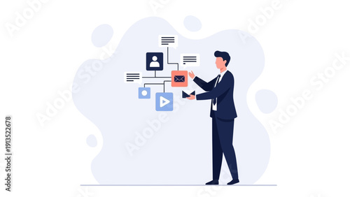 Businessman managing digital information flow and data connections
