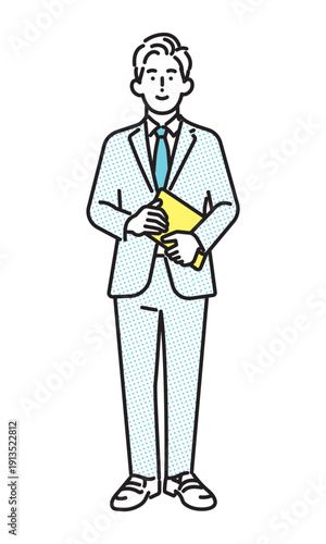 シンプル　イラスト　笑顔のビジネスパーソンの男性の全身　ビジネスシーン