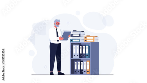 Senior businessman examining documents near office filing cabinet with folders and printer