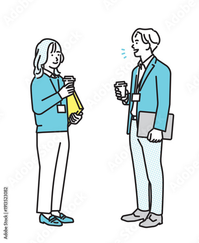 シンプル　イラスト　立ち話をするビジネスパーソンの男性と女性　ビジネスシーン