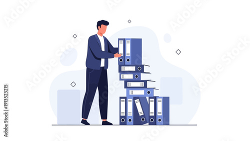 Businessman Organizing Stacked Binders, Business Document Management Concept