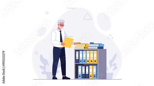 Senior businessman organizing files and documents in office archive