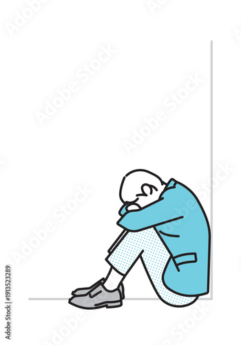 シンプル　イラスト　絶望してうずくまるビジネスパーソンのイラスト　ビジネスシーン