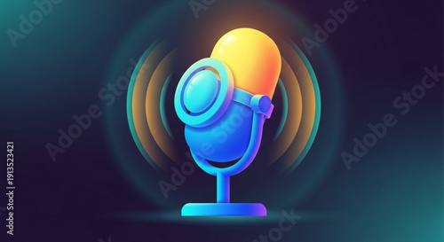 Vibrant blue microphone with glowing yellow light on stand emitting sound waves in dark background symbolizing podcasting and voice broadcasting technology