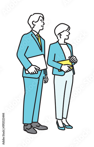 シンプル　イラスト　資料を持つビジネスパーソンの男女　ビジネスシーン