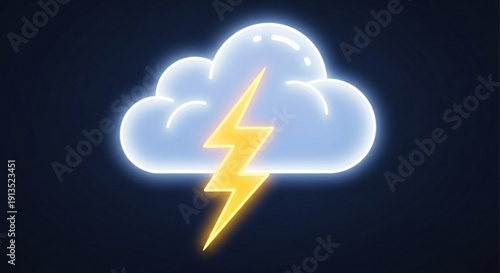 Glowing white cloud with bright yellow lightning bolt on dark background stormy weather icon