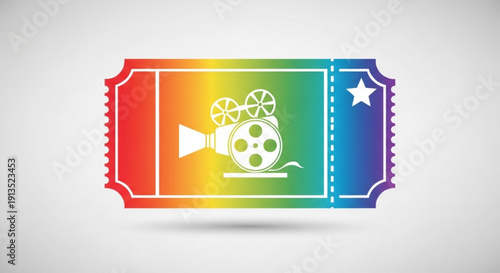 Vibrant rainbow movie ticket icon with film camera and star on white background for cinema film and entertainment concepts
