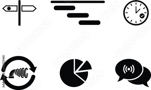 A set of six business and communication icons on a white background