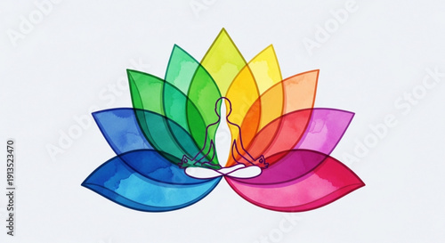Rainbow colored lotus flower with a person meditating in a yoga pose surrounded by vibrant petals
