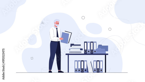 Elderly businessman organizing files and documents on a desk, office work concept