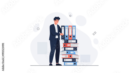 Man in Suit Organizing Stack of Ring Binders for Business Paperwork