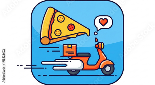 Food delivery scooter with pizza and heart love symbol on blue background