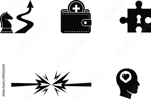 Black icons of knight chess piece with arrow medical wallet puzzle piece explosion and head with heart