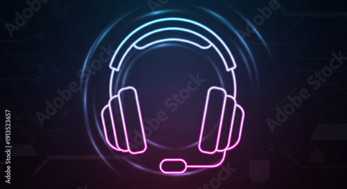 Neon headphones with mic in dark background for tech and gaming concepts