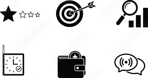 black and white business icons on white background