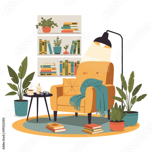 A cozy illustration depicts a reading nook with a chair, plants, and books