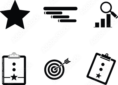 business strategy and goals icons  star target clipboard graph