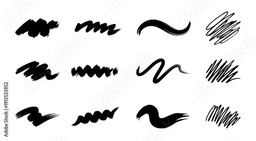 Set of black ink wavy brush strokes and hand-drawn scribble textures