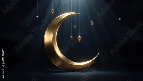 Dramatic Golden Moon and Hanging Lanterns in Night Sky for Ramadan Kareem Banner and Social Posts