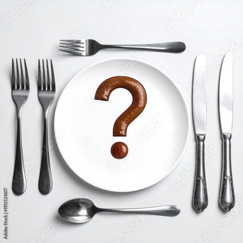 A question mark made of food on a plate, surrounded by cutlery