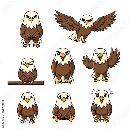 Set of cute cartoon eagles in various poses and expressions