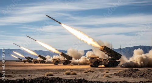 Multiple HIMARS Launching Missiles During Military Exercise.