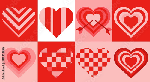 A vibrant collection of four rows and four columns of red hearts in diverse styles on transparent background silhouette