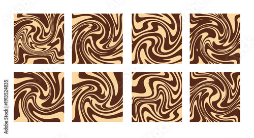 A collection of eight square tiles displaying swirling brown and beige patterns ideal for design work on transparent background silhouette