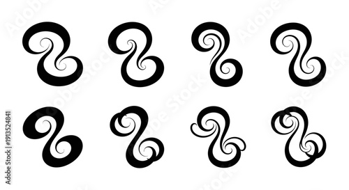 A collection of eight swirling ornate black flourishes ideal for design elements on transparent background silhouette high quality professional