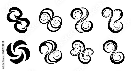 Eight ornate black swirls and flourishes are displayed offering versatile design elements on transparent background silhouette high quality professional