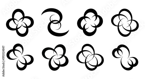 Eight abstract floral swirls and looped designs in black arranged in a grid on transparent background silhouette high quality