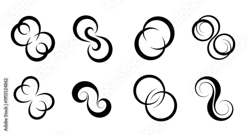 A collection of eight swirling abstract floral ornaments in a black silhouette on transparent background high quality professional detailed