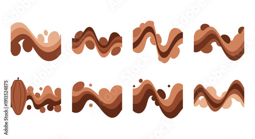 A collection of abstract chocolate wave shapes arranged in two rows ideal for design work on transparent background silhouette