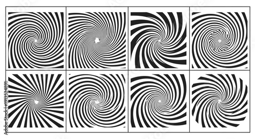 A collection of four swirling optical illusion patterns repeated in a grid on transparent background silhouette high quality professional