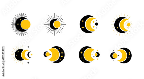 Eight celestial designs featuring crescent moons and suns with radiating lines ideal for graphic projects on transparent background silhouette
