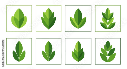 A collection of eight stylized green leaf designs presented in square frames on transparent background silhouette high quality professional