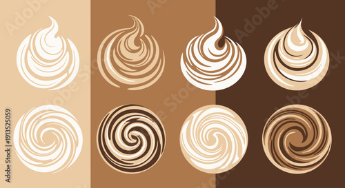 A collection of swirling cream or latte art designs in varying shades ideal for graphic projects on transparent background silhouette