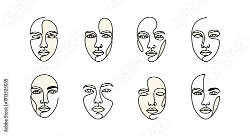 Abstract collection of eight minimalist face line art designs ideal for creative projects on transparent background silhouette high quality