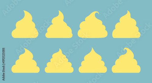 A collection of six yellow pile of poo illustrations arranged in two rows on transparent background silhouette high quality