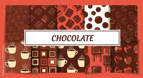 A collection of seamless chocolate patterns with cups hearts and squares on transparent background silhouette high quality professional detailed