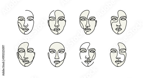 Minimalist abstract faces arranged in a grid featuring continuous lines and a striking silhouette on transparent background high quality