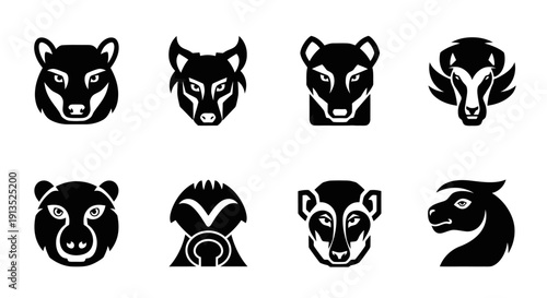 A collection of eight animal head silhouettes including bears wolves and deer on transparent background high quality professional detailed
